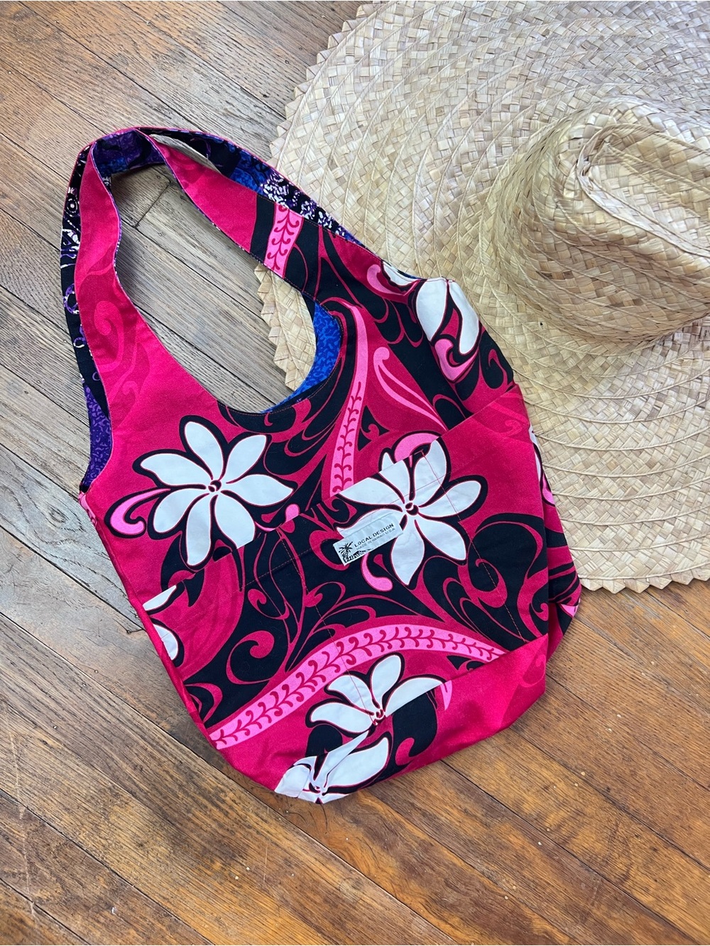 Vintage 90’s REVERSIBLE Women’s Pink Purple Hawaiian Tiki Aloha Floral Tote Bag